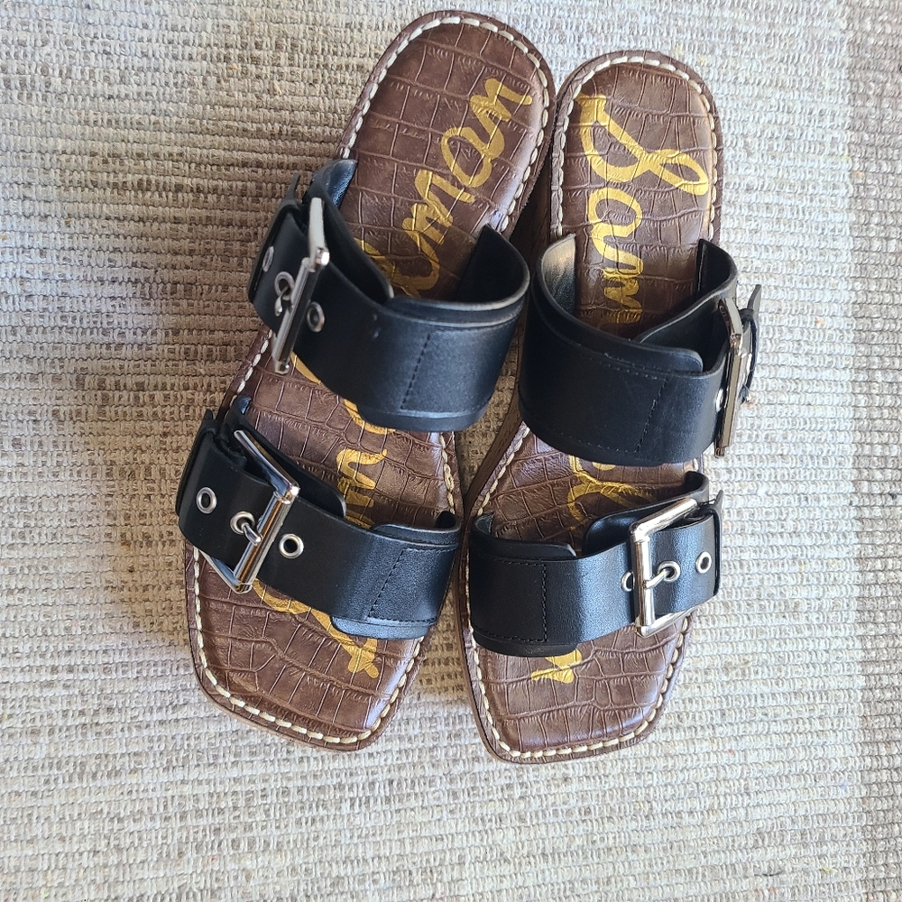 Sam Edelman Y2K Black Leather Strap Silver Buckle Cork Platform Wedge Sandals S7